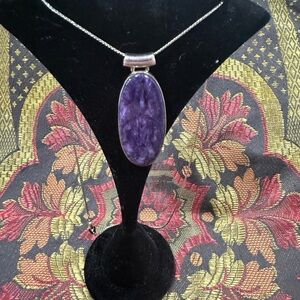 925 Sterling Silver Charoite Large Oval Pendant w/ Not Sterling chain